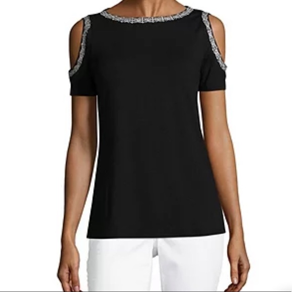 Liz Claiborne Black Cold Shoulder Top with White Embroidery Size Small - Picture 7 of 8